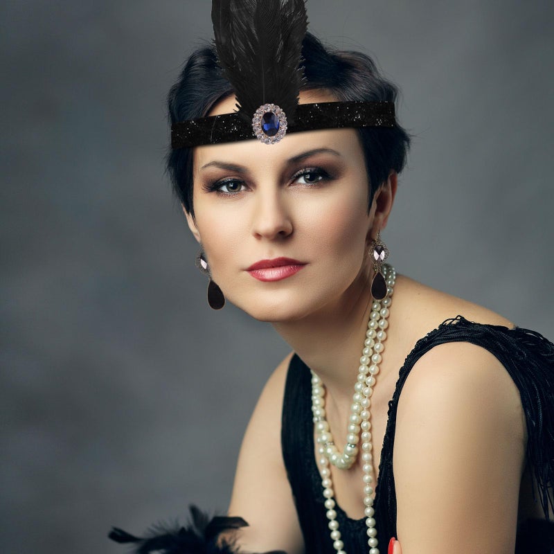 FEPITO 9-Piece 1920s Flapper Great Gatsby Accessories Set - Fashion Roaring 20's Theme with Headband, Headpiece, Long Black Gloves, Necklace, Earrings for Women - Image 5